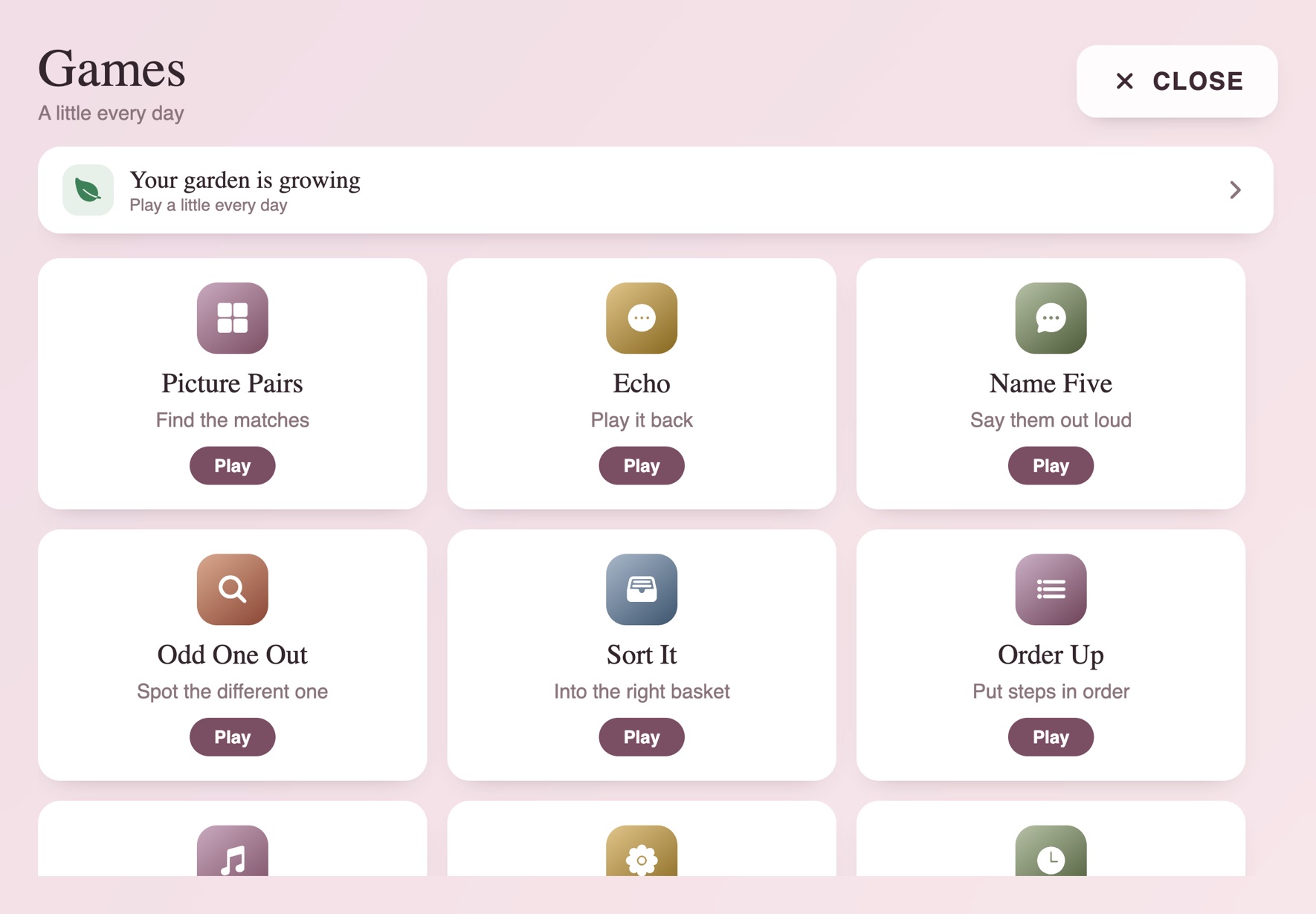 The games screen on the iPad: a growing garden and nine gentle games