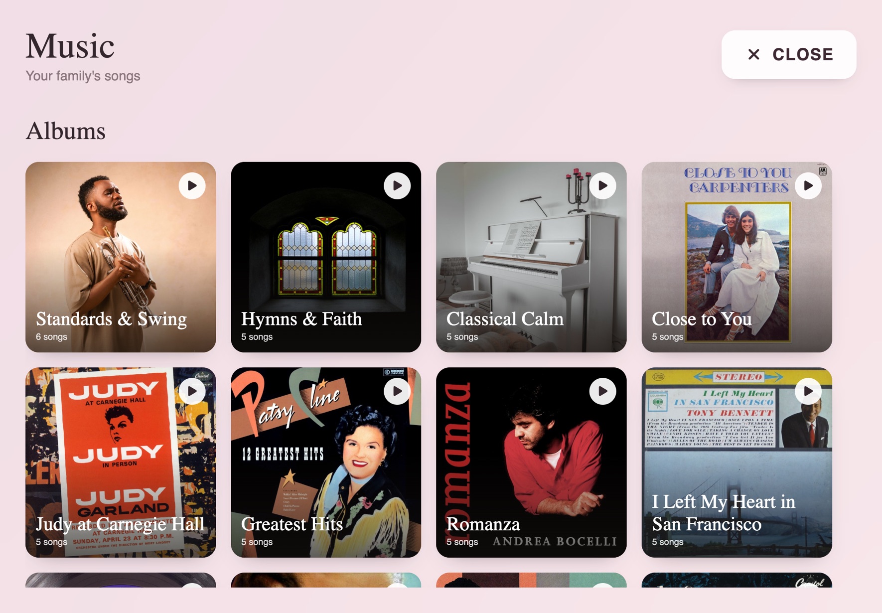 The Music screen on her iPad: her family's songs as albums — standards, hymns, and the records she raised them on, every one picked by the family