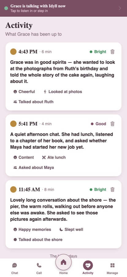 The activity feed: a short summary of each conversation with a mood and a few notes
